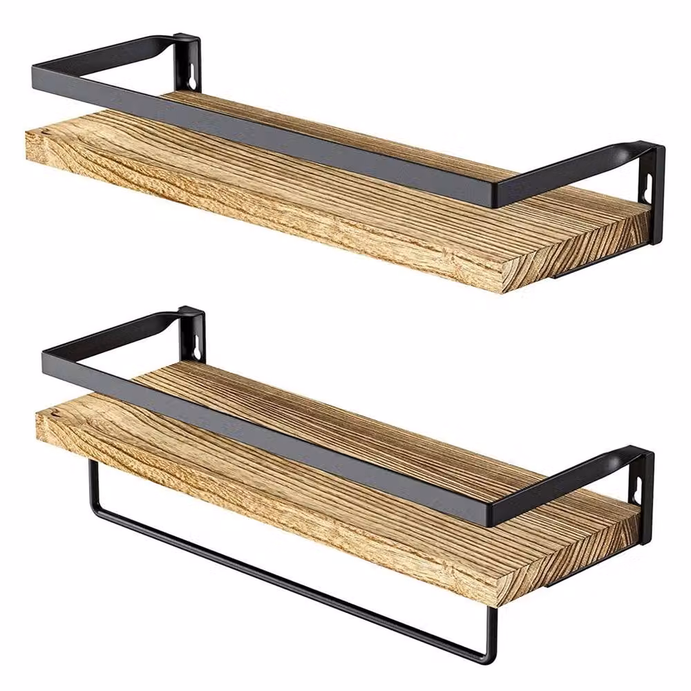 Nordara 2-Piece Brown and Black Rustic Wooden Floating Wall Shelves with Hanging Rod – 3