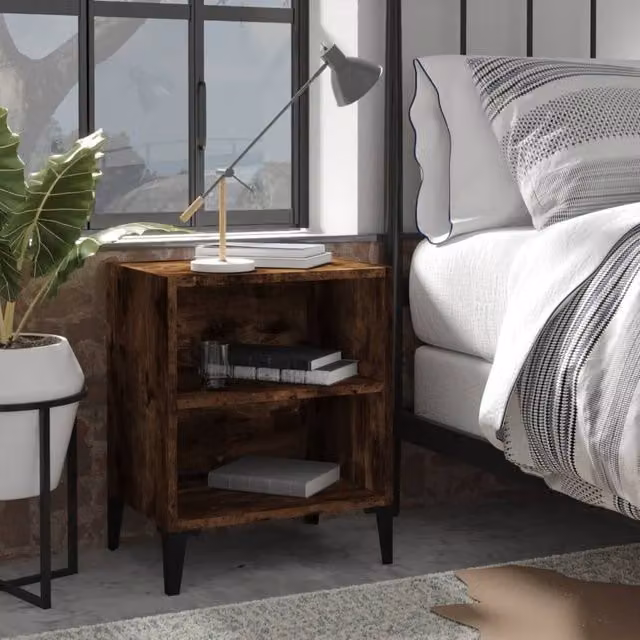 Berkfield Home Bed Cabinet in Smoked Oak and Brown with Metal Legs, W/D/H: 40 x 30 x 50 cm