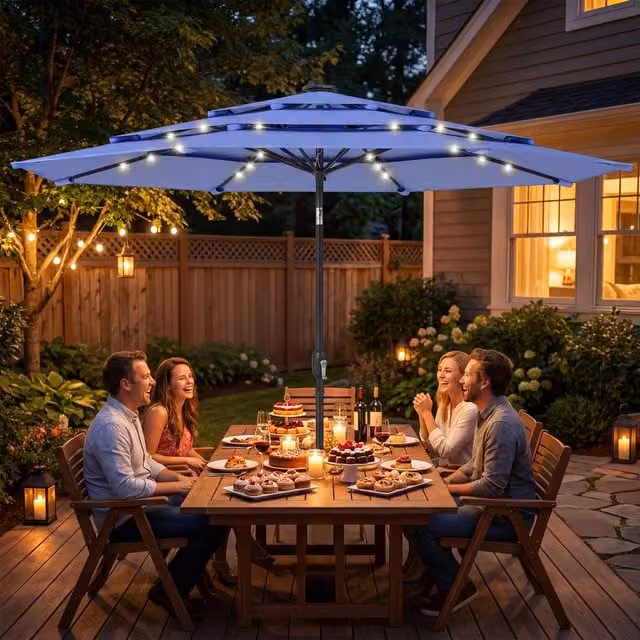 Outsunny Blue Garden Parasol Umbrella with Light and Cover, Diameter: 280 cm