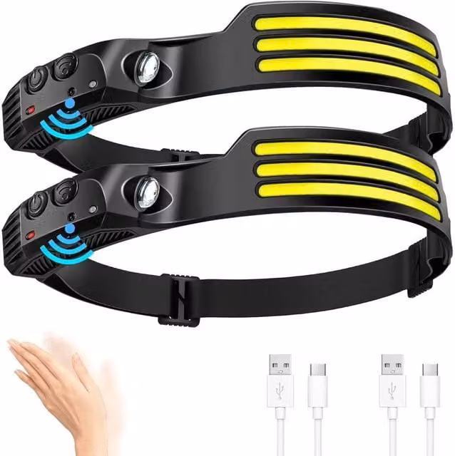 FLAVORA 2-Piece USB Rechargeable COB LED Headlamp with Motion Sensor in Black