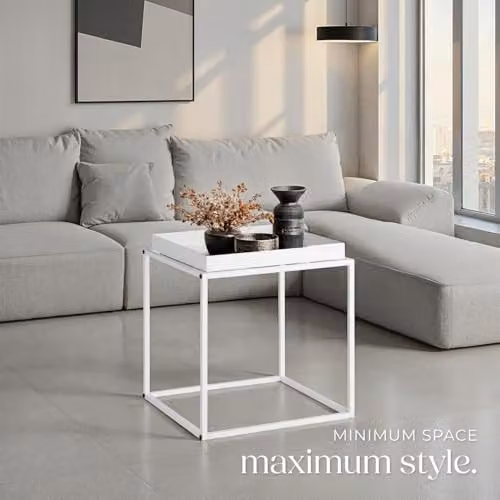 tectake Minimalist Square Side Table in White with Height-Adjustable Feet, W/D/H: 40 x 40 x 44 cm – 2
