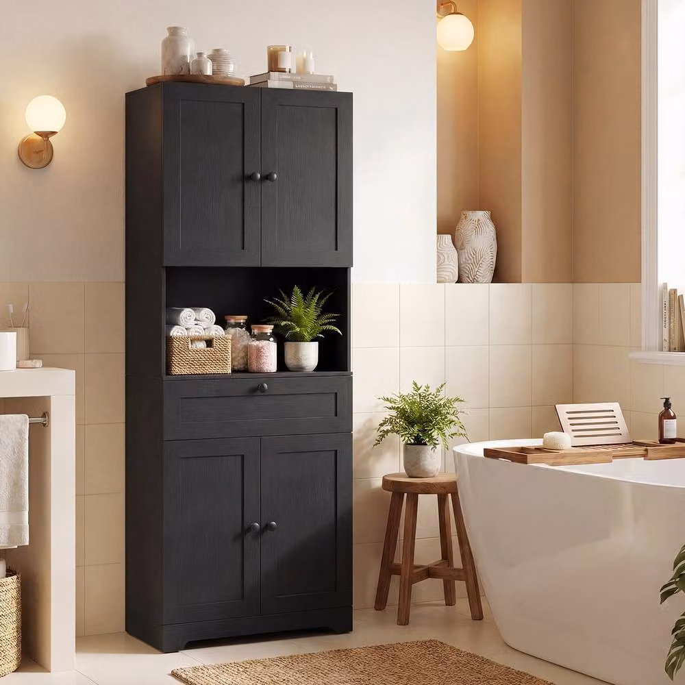 Costway Modern Black Wooden Bathroom Cabinet with 4 Doors and 1 Drawer – 4