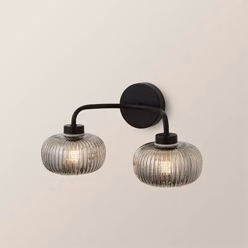 ValueLights Amaia Matte Black 2 Way Up and Down Wall Light with Smoked Grey Ribbed Glass Lampshades, IP44 Rated for Bathroom and Home Use