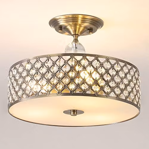 Harper Living Antique Brass and Crystal Semi Flush Ceiling Light, Modern Drum Shaped Cylinder Pendant Light in Gold/Brass and Transparent, E27