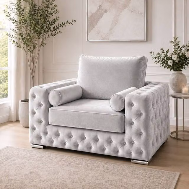 Stratus Interiors Ashley Full Back Chesterfield Plush Velvet Living Room Armchair in Silver – 1