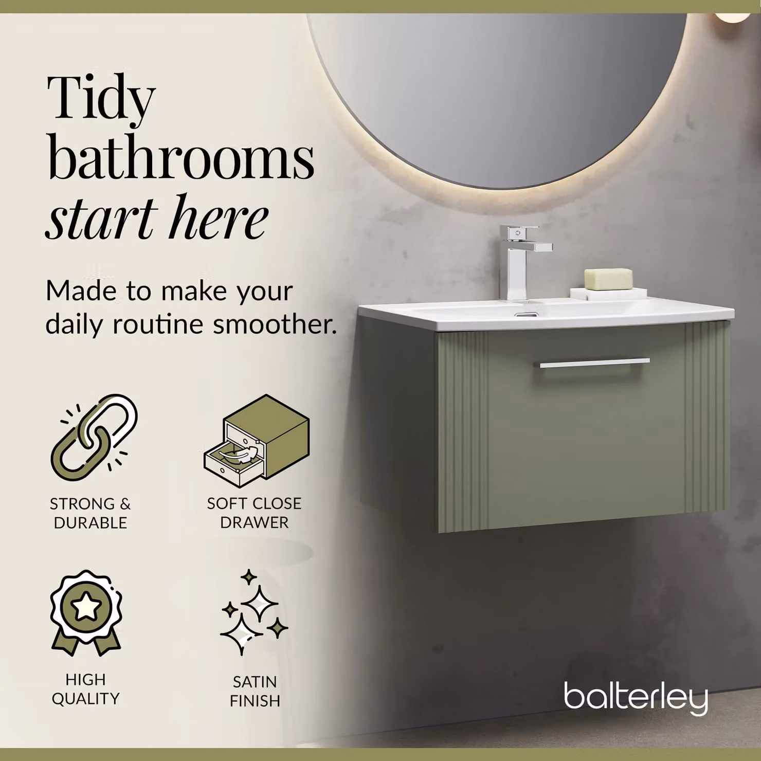 Balterley Wall Hung 1 Drawer Vanity Unit with Curved Basin, Satin Green, Width: 60 cm – 2
