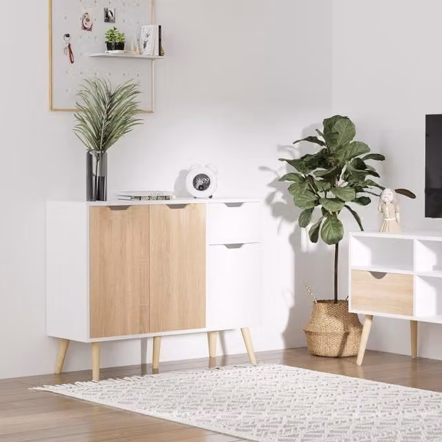 HOMCOM Scandinavian Style Storage Cabinet Sideboard with Drawer in White – 1