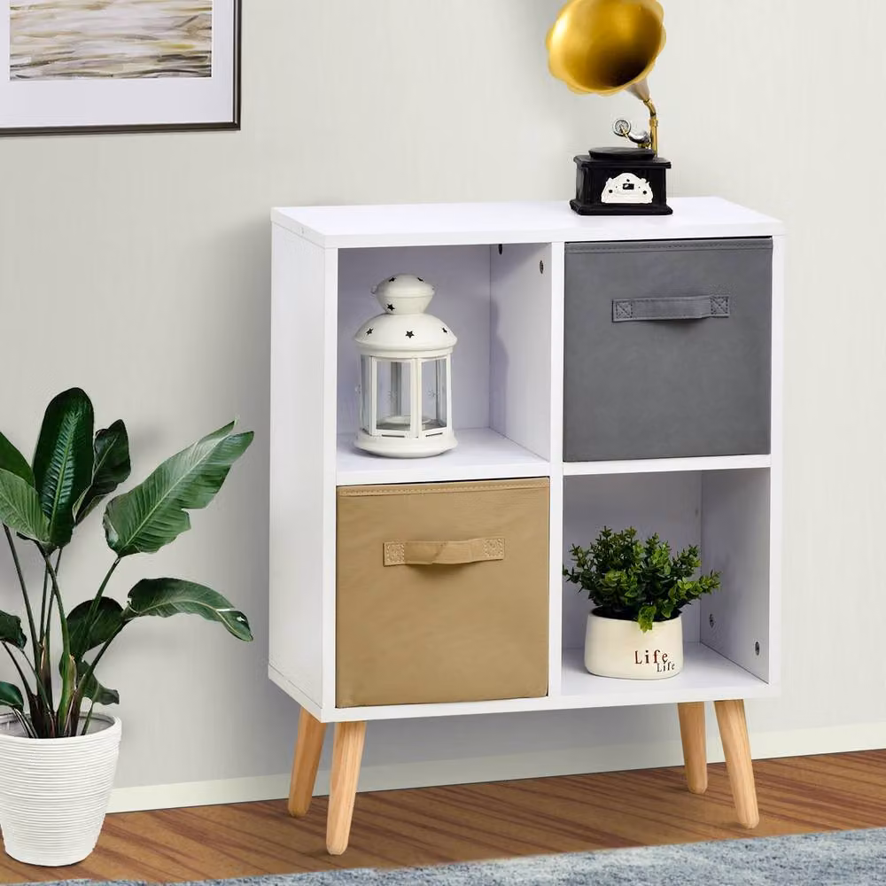ERGOVEXA Freestanding 4 Cube Unit Cabinet with 2 Fabric Drawers in White – 3