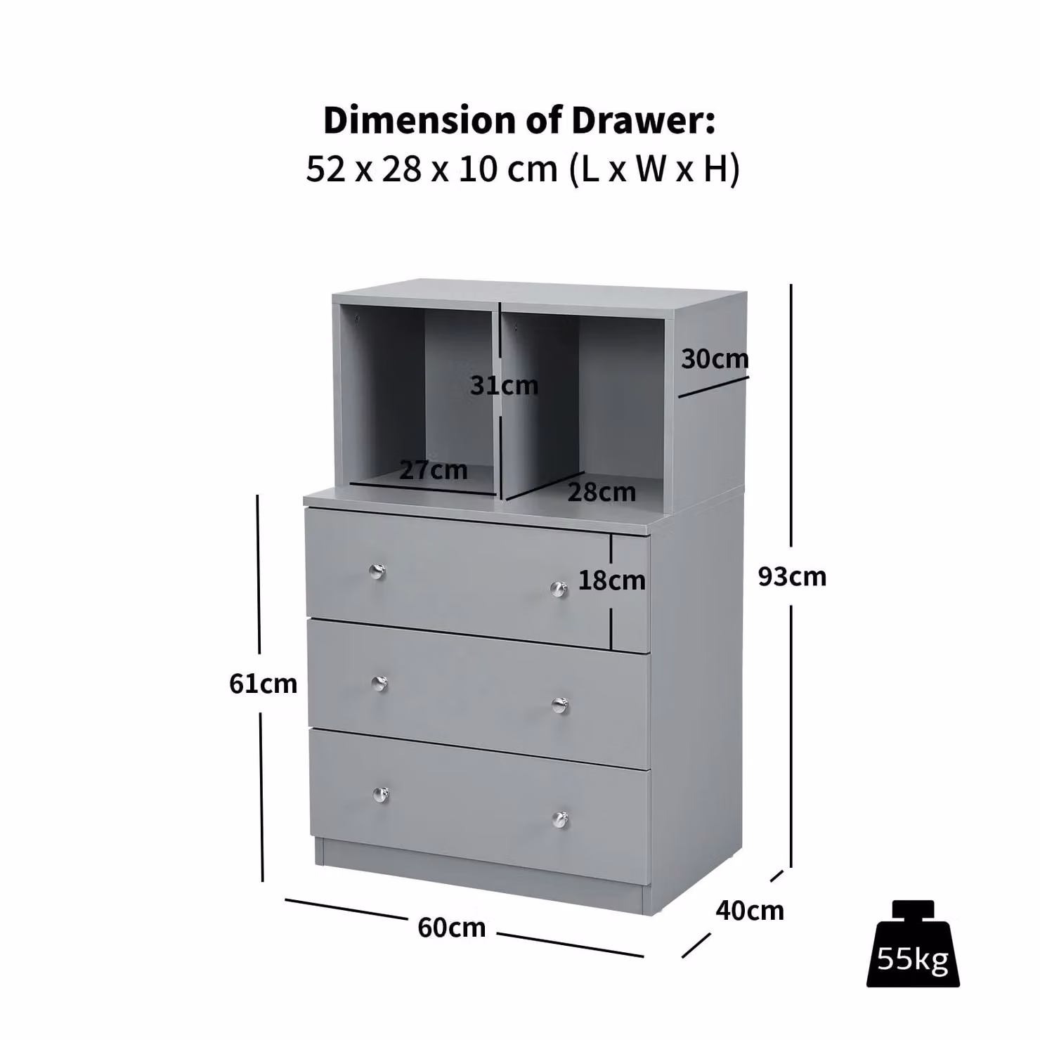 Gymax 3-Drawer Chest of Drawers with 2 Cubby Storage Dresser Organiser in Grey – 2