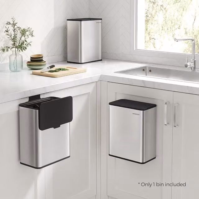 SONGMICS 8L Stainless Steel Kitchen Bin with Flip Lid, Wall-Mounted or Cabinet Door Hanging, Silver