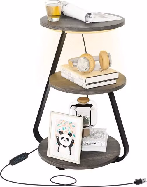 FORGEVIO 3 Tier Small Round Side End Table with Built-in 3 Colour LED Lights in Grey – 1
