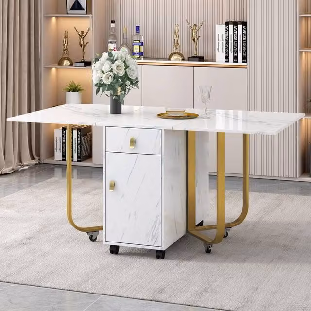 Matteo Modern Space-Saving Folding Dining Table with Cupboard and Drawers in White and Gold