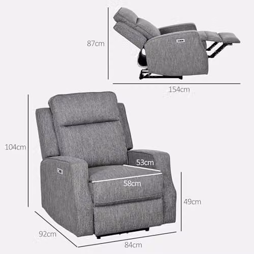 HOMCOM Electric Fabric Recliner Armchair in Grey with Adjustable Leg Rest and USB Port – 2