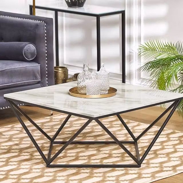 Wyld and Coco Beige Marble Effect Square Coffee Table with Black Geometric Metal Base – 1