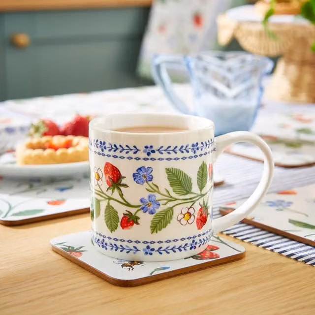 Ulster Weavers Strawberry Patch Floral Bone China Mug in Green, Blue and Multicolour, 250 ml
