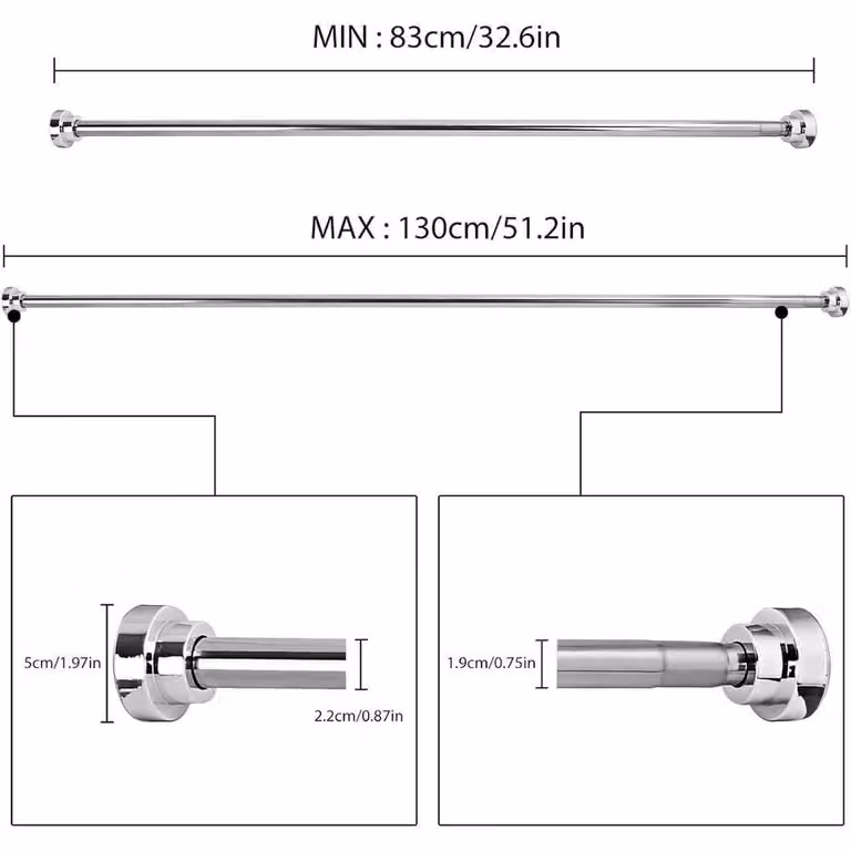 PAWNORA Silver Stainless Steel Extendable Shower Curtain Tension Pole, 83-130 cm