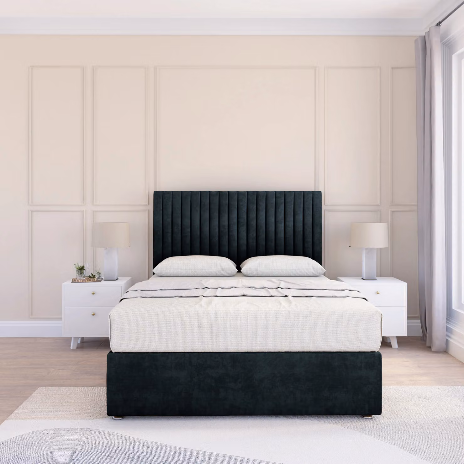 Sloomy Manhattan Black Velvet Upholstered Single Divan Bed Base with Floor Standing Headboard W/D/H: 90 x 200 cm