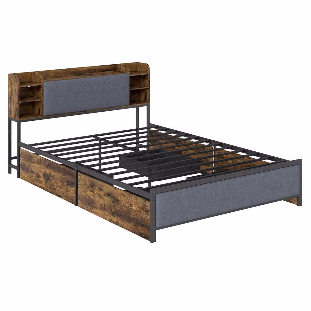 Costway King Size Bed Frame in Brown with LED Lights, USB Charging Port and Storage Drawers, W/D/H: 180 x 200 cm – 4