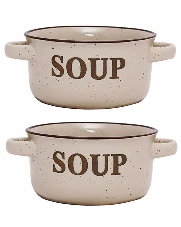 Dibor Set of 2 Classic Peppered Cream Ceramic Soup Bowls with Handles, Beige, H 7 cm x Dia 13.4 cm – 2