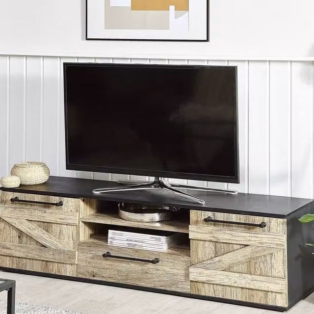 Wyld and Coco Barn Style TV Stand in Light Wood and Black with 2 Cabinets and Drawer, W: 150 cm, D: 40 cm, H: 43 cm