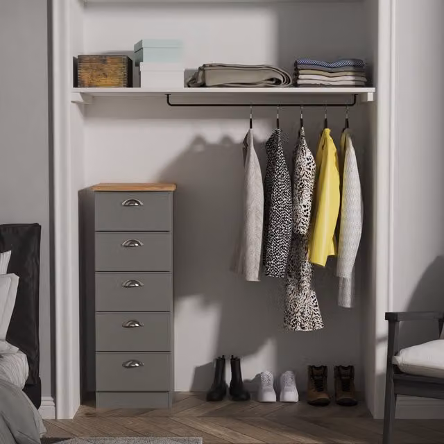 Victoria 5 Drawer Bedside Cabinet in Dusk Grey and Riviera Oak