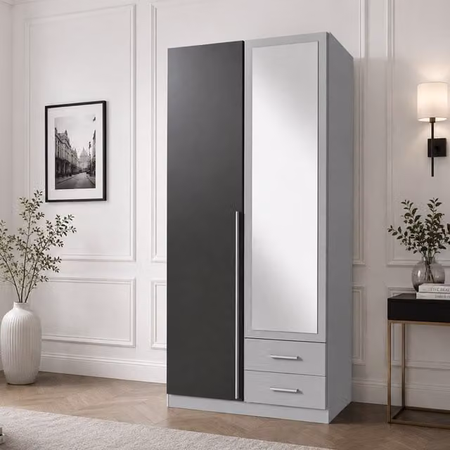 Husem Grey and Black Modern 2 Door Wardrobe with Mirror, Width: 90 cm