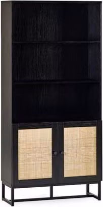 Julian Bowen Padstow Retro 2 Door Black and Rattan Bookcase, H 168 x W 80 x D 32 cm – 4