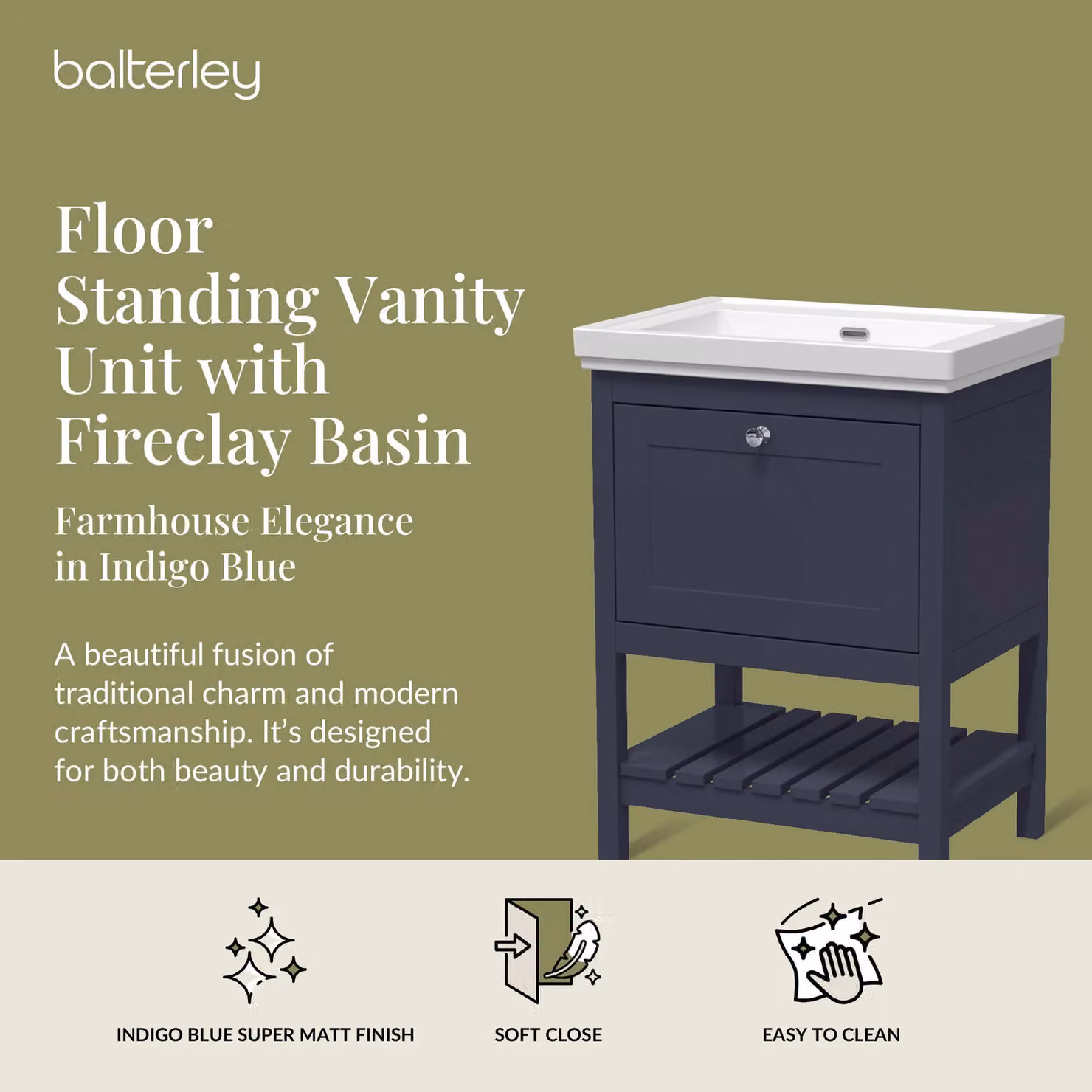Balterley Freestanding Bathroom Vanity Unit with Basin and Open Shelf, Blue or Grey, W: 60.0 cm, D: 47.1 cm, H: 86.5 cm – 2