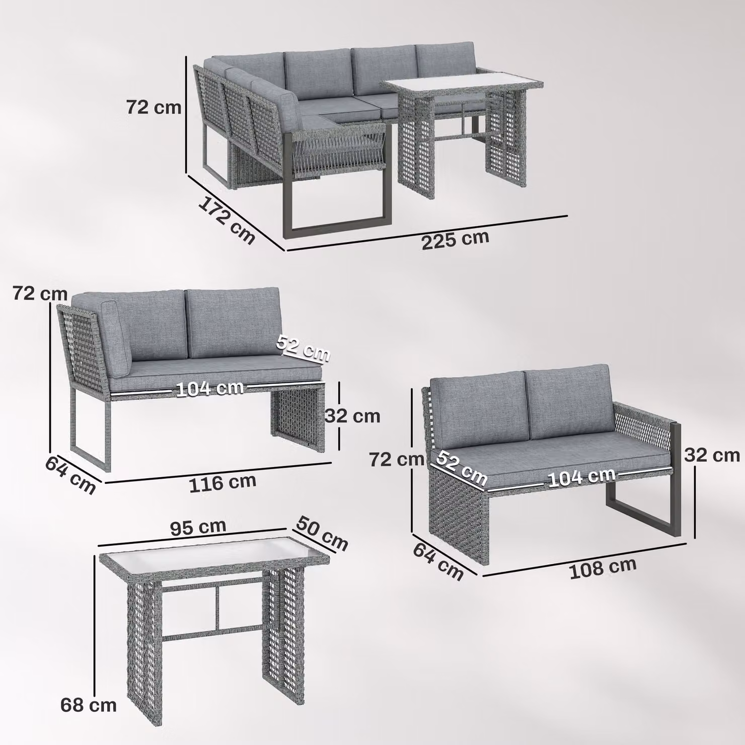 Outsunny 6 Seater Grey Rattan Garden Furniture Set with L-Shape Corner Sofa, 2 Seater Sofas, Coffee Table and Upholstered Cushions – 3