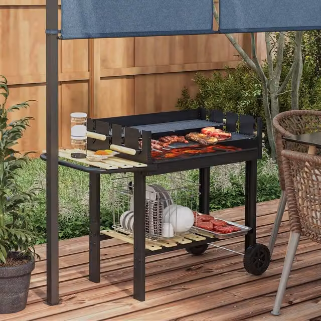 OUTSUNNY Charcoal BBQ Grill with Side Table, Storage Shelf and Wheels, Black