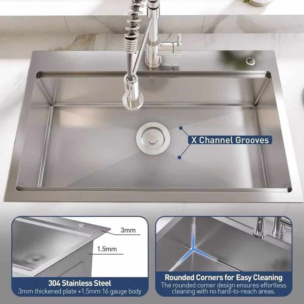 VOGREX Single Drop-in Stainless Steel Kitchen Sink in Metallic Silver, W: 63.5 cm, D: 55.88 cm, H: 22.86 cm – 2