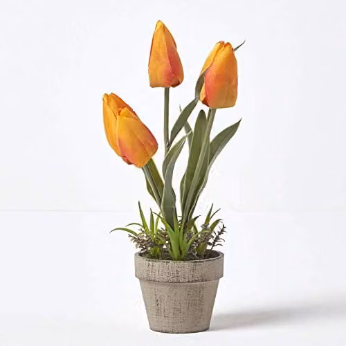 Homescapes Artificial Orange and Red Tulips in a Grey Stone Pot, Height: 27 cm