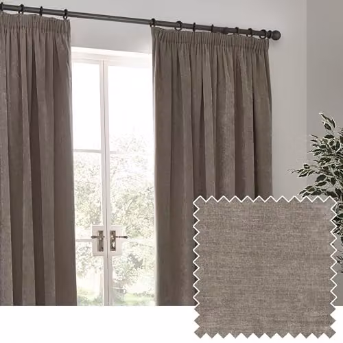 Yard Heavy Chenille Velvet Pencil Pleat Curtain Pair in Grey Beige, W: 168 cm, H: 229 cm – 1