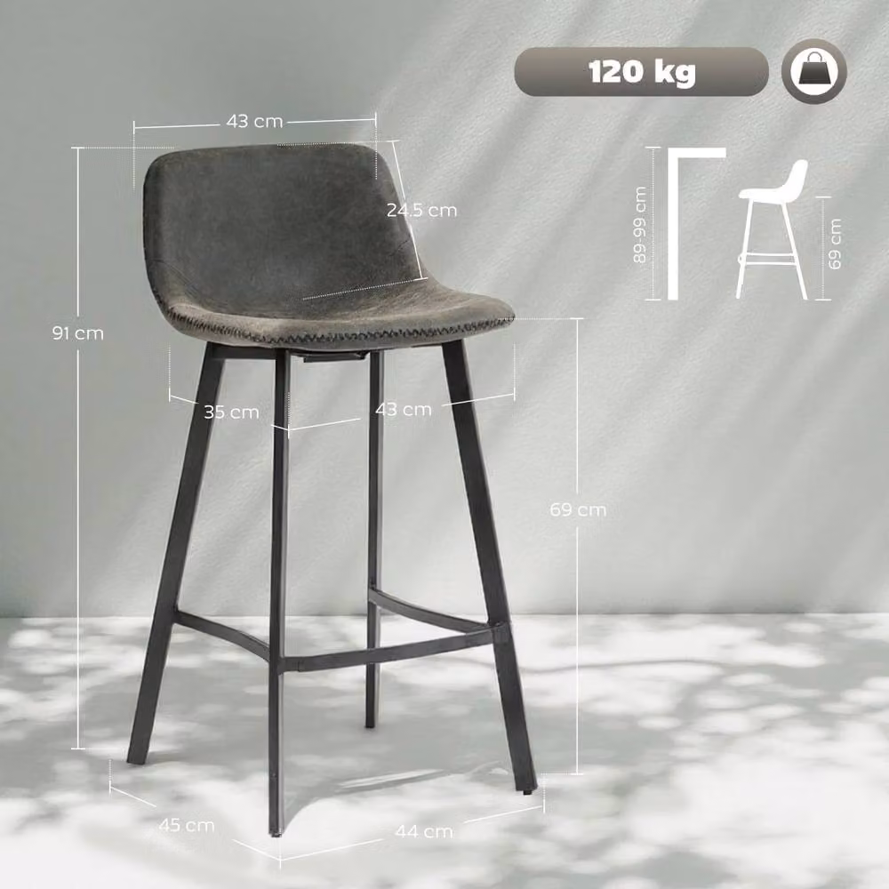 Wyld Haus Nora Set of 2 Grey Faux Leather Bar Stools with Back and Foot Support – 4