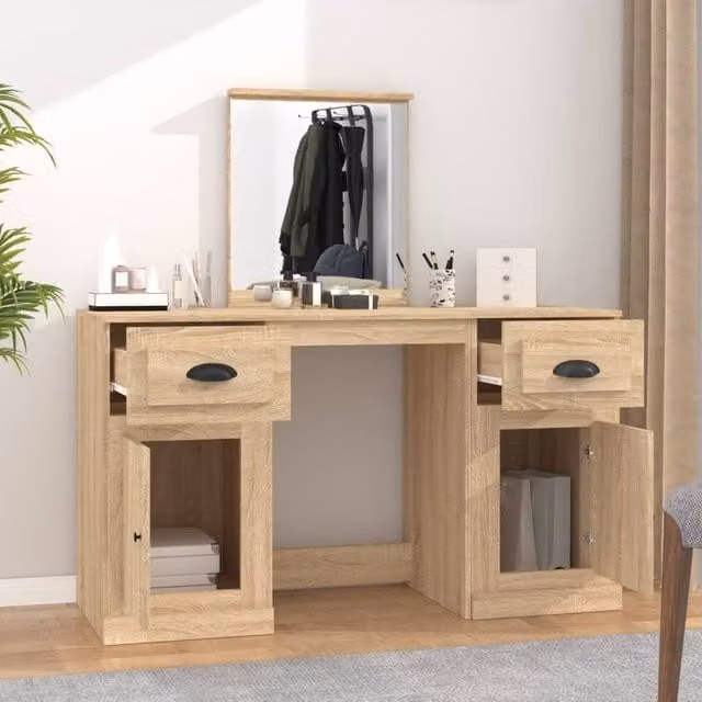 Berkfield Home Sonoma Oak Dressing Table with Mirror in Light Tan, W: 130 cm, D: 50 cm, H: 132.5 cm