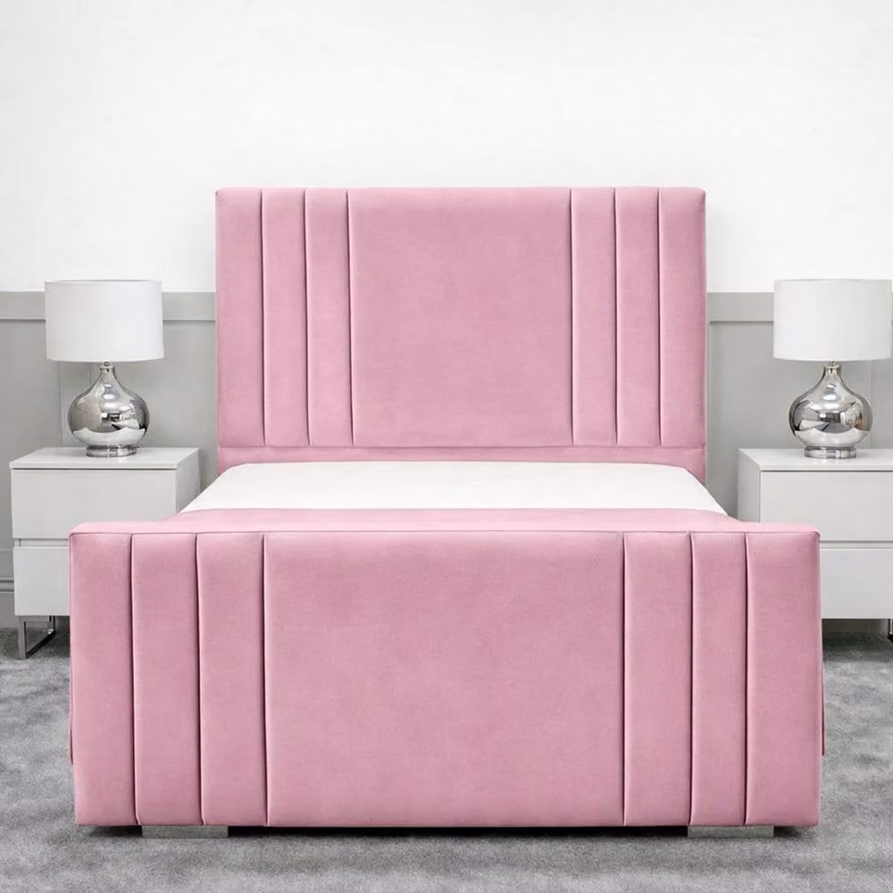Living Comfort Bedz Canberra Small Double Plush Velvet Upholstered Bed with Slatted Base in Pink, W/D/H: 120 x 200 cm