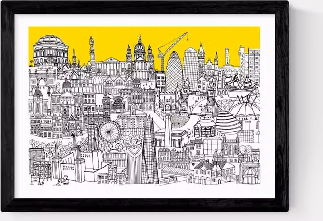 East End Prints London Jungle Modern Abstract Framed Art Poster in Black and Yellow
