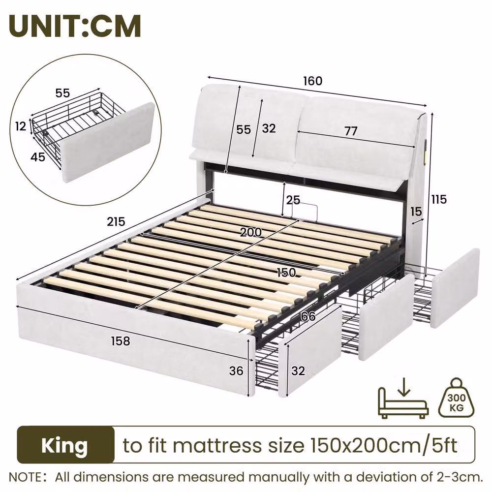 BTM 5ft King Velvet Hydraulic Bed with LED Lighting, USB Charging Ports and Storage Drawers in Cream White, W/D/H: 180 x 200 cm – 6