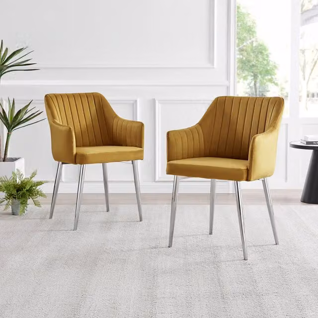 FurnitureboxUK Calla Modern Dining Chairs in Mustard Velvet with Chrome Metal Legs, Set of 2