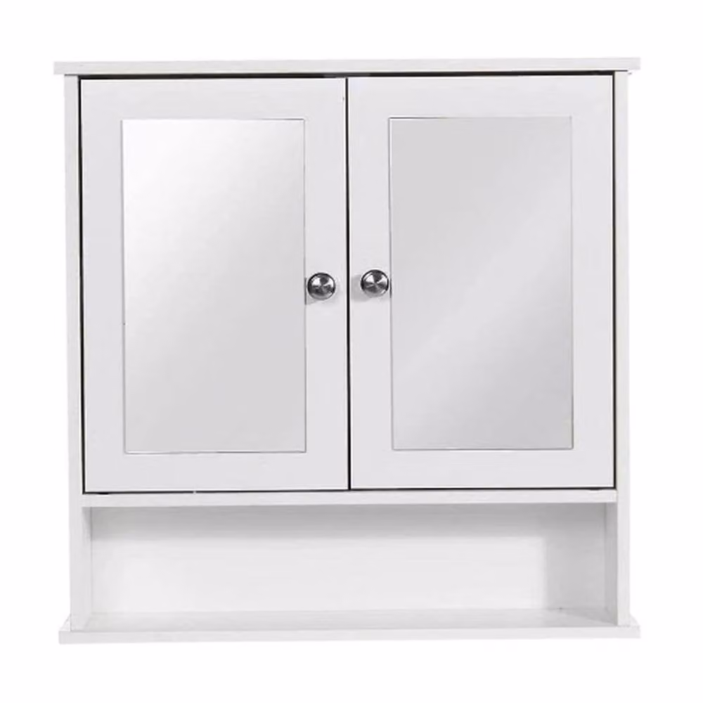 PAWNORA White MDF 2 Door Mirrored Wall Mounted Bathroom Storage Cabinet with Internal Shelves