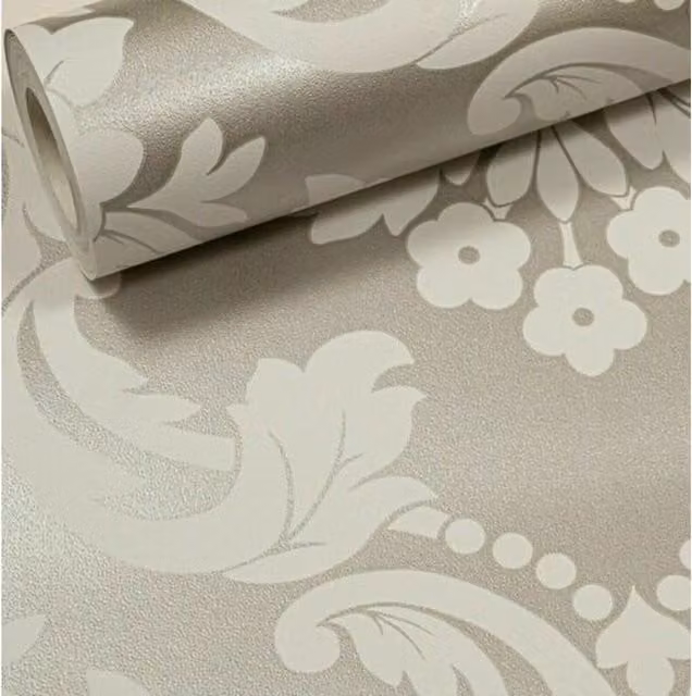 Arthouse Vintage Floral Damask Metallic Wallpaper in Gold, Beige and Silver
