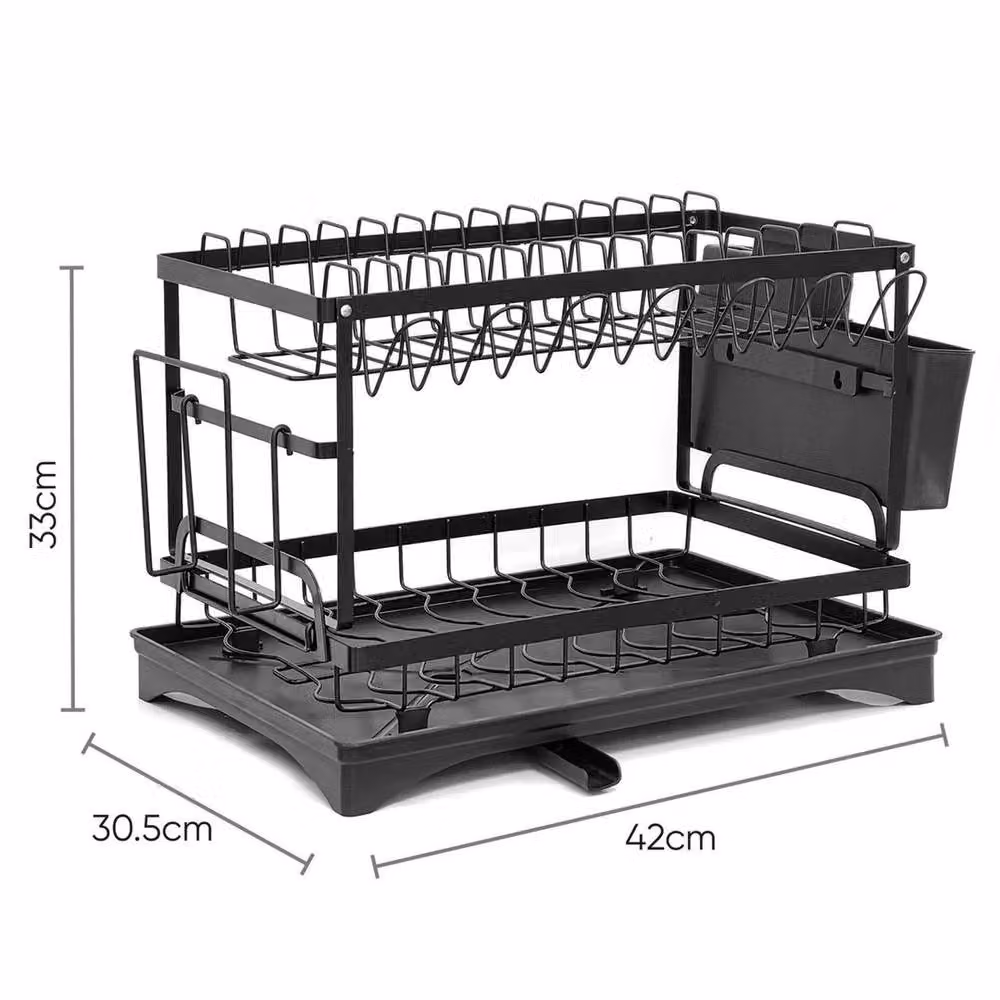 KORVIXA 2 Tier Black Kitchen Sink Dish Drainer Rack with Cutlery and Cup Holders – 2