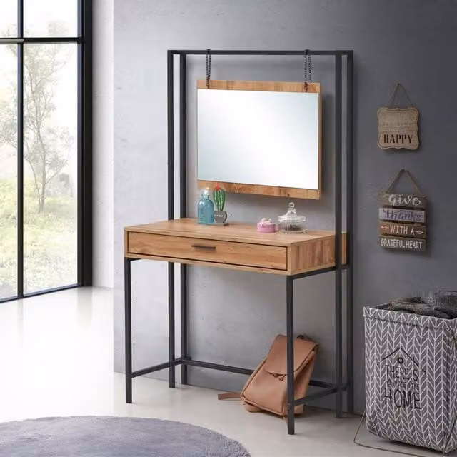 Timber Art Design Zahra Urban Bedroom Dressing Vanity Makeup Table with Mirror and Drawer in Brown, W/D/H: 150 x 40 x 83.8 cm