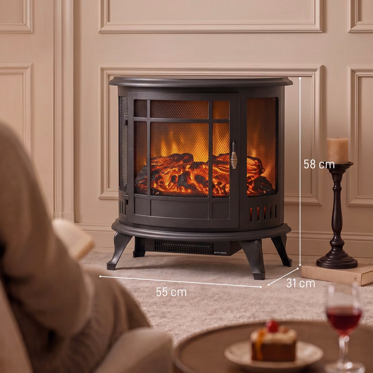 HOMCOM 2000W Electric Fireplace Stove with Realistic LED Flame in Black Metal – 3