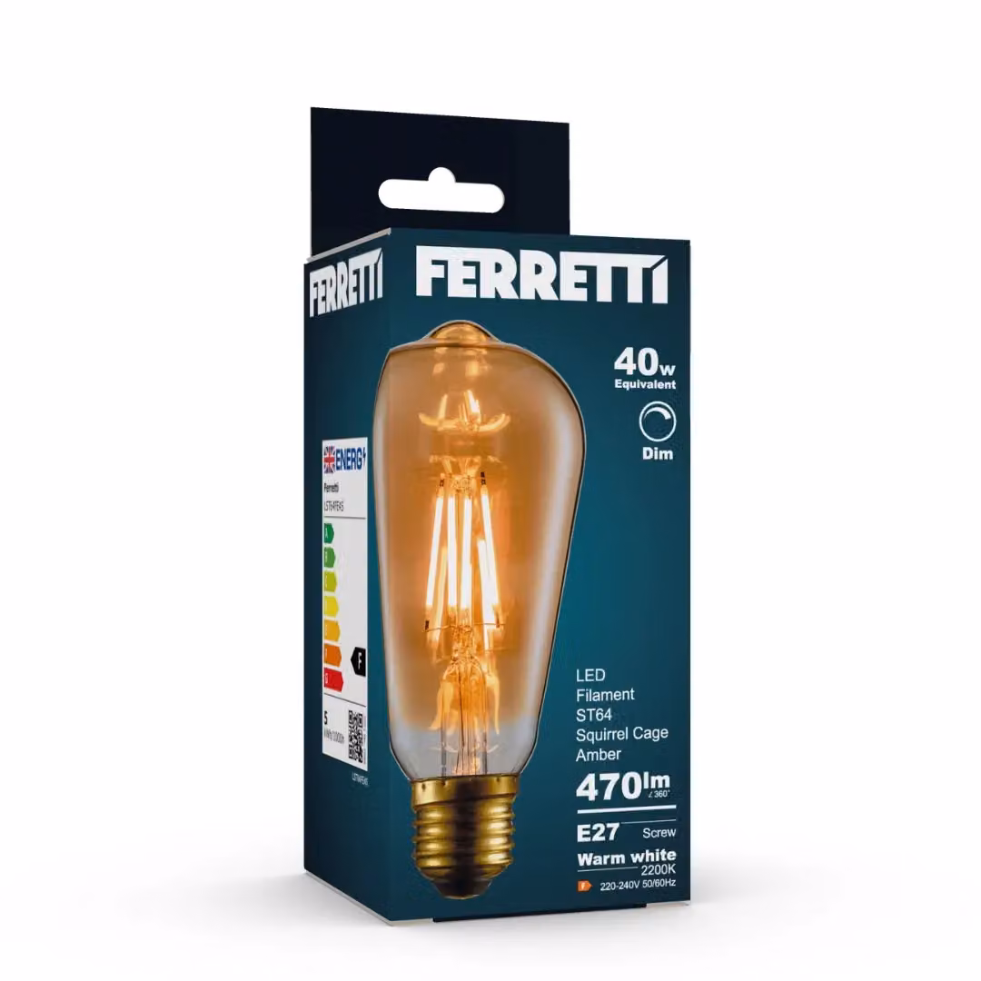 Ferretti ST64 Amber Squirrel Cage E27 LED Straight Filament Dimmable Bulb, Pack of 3 – 2