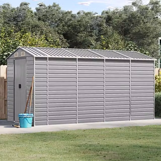 Berkfield Home Pent Garden Shed in Light Grey, Galvanised Steel, W: 385 cm, D: 191 cm, H: 198 cm