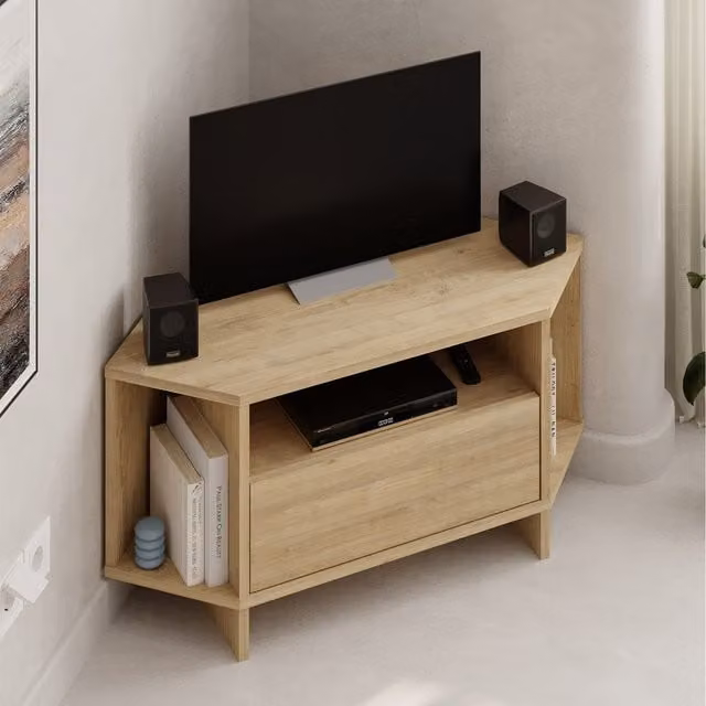 HOCUS PICUS Modern Oak Corner TV Unit, H: 95.7 cm, W: 45.3 cm, D: 35.4 cm