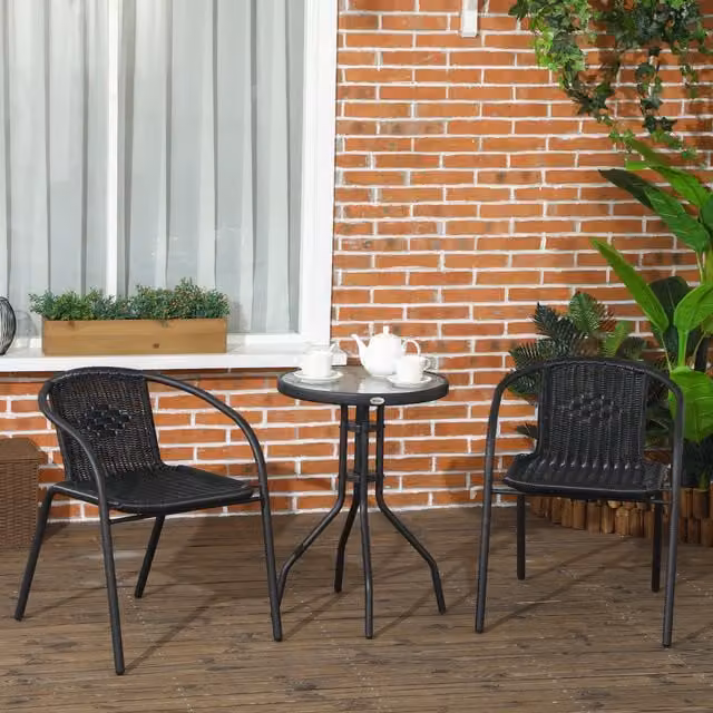 Outsunny 3 Piece Black Polyrattan Bistro Set with Round Glass Table