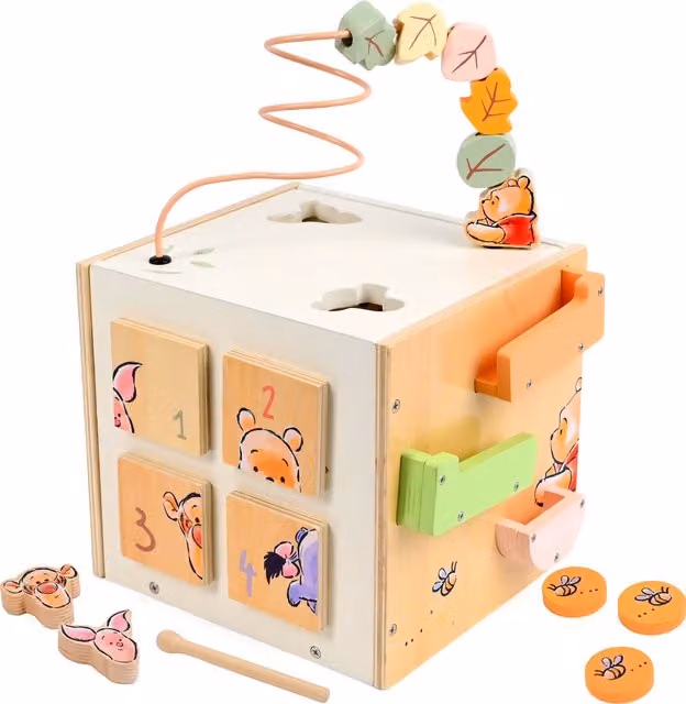 Disney Winnie The Pooh Multicolour Wooden Garden Pull Along Activity Cube with Bead Maze, Shape Sorter, Xylophone and Puzzle