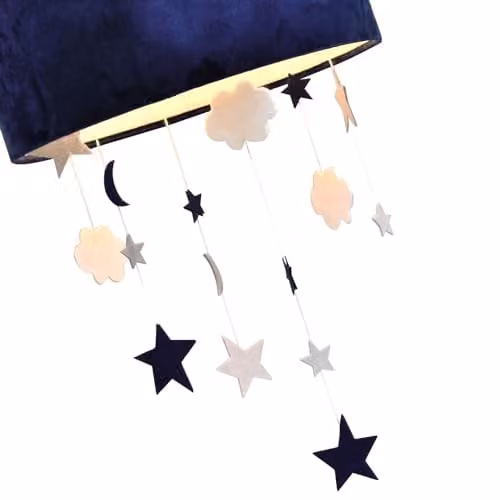 Happy Homewares Midnight Blue Velvet Pendant Lamp Shade with Hanging Felt Stars and Clouds, Diameter: 30 cm – 2